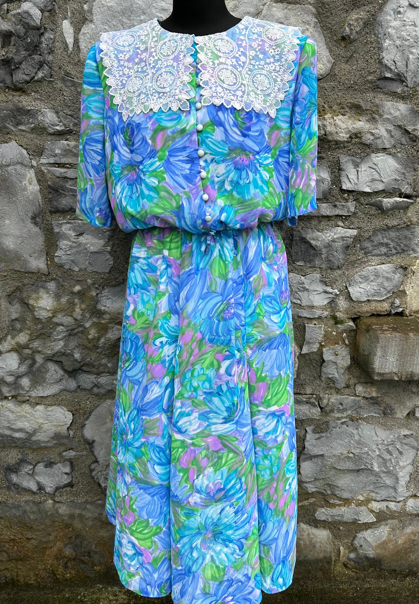 80s blue floral dress with lace collar uk 12