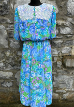 Load image into Gallery viewer, 80s blue floral dress with lace collar uk 12
