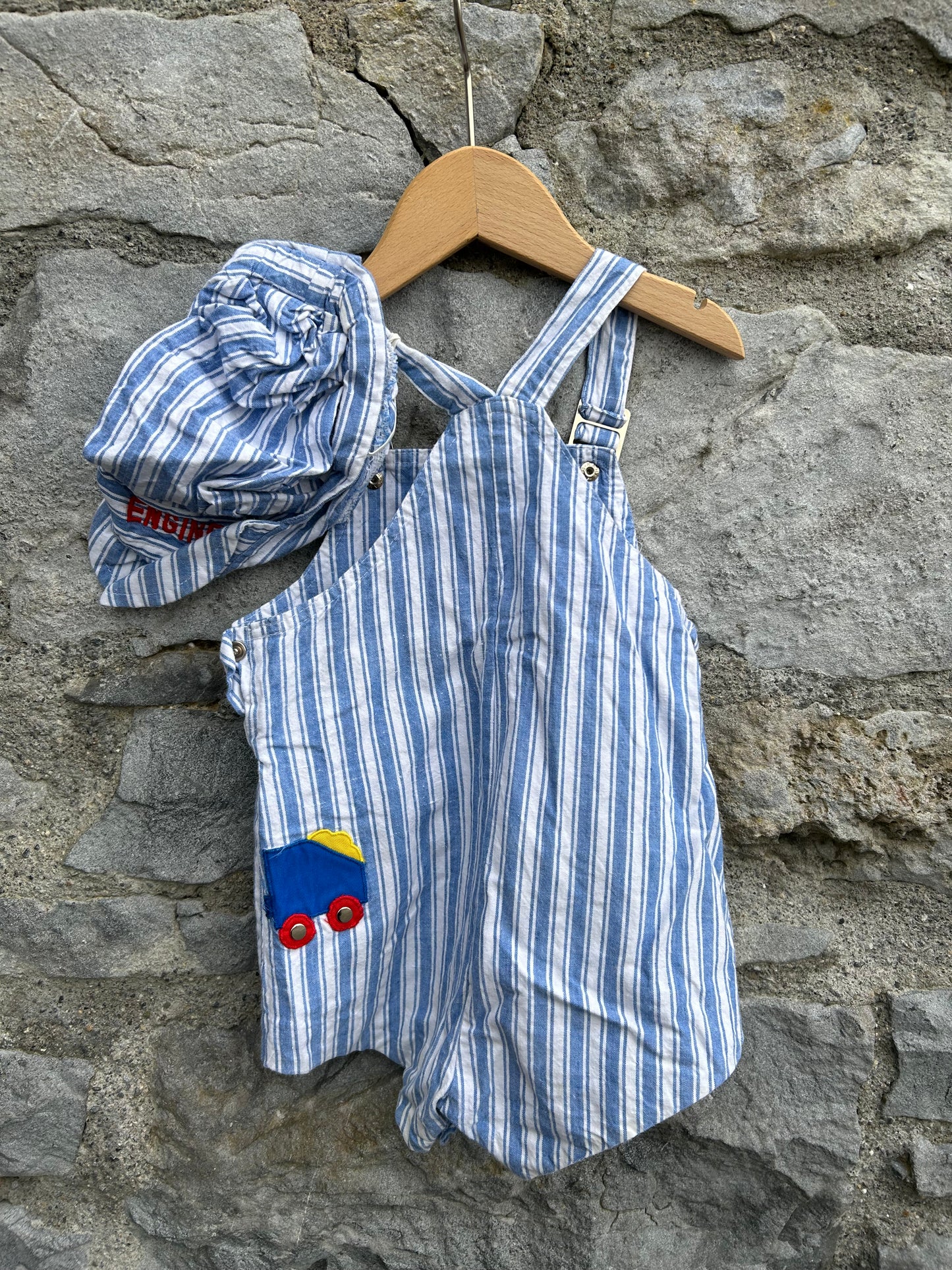 90s train blue stripy dungarees 12m (80cm)