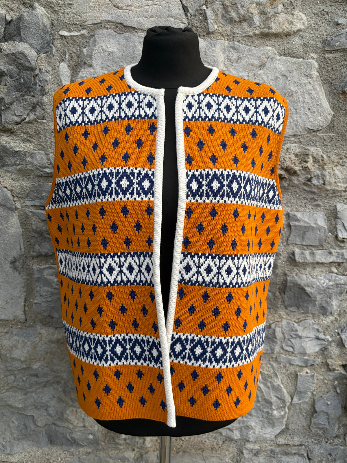 70s orange&blue patterned open gilet uk 14-16