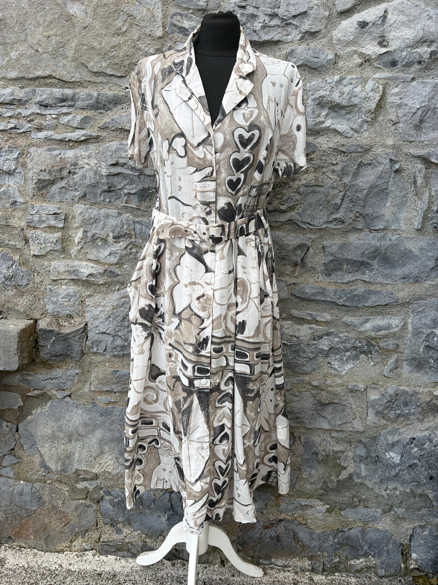 80s brown&white abstract dress uk 12