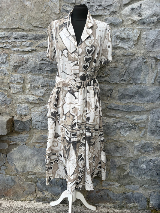 80s brown&white abstract dress uk 12