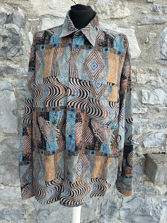 80s geometric brown&teal shirt Large