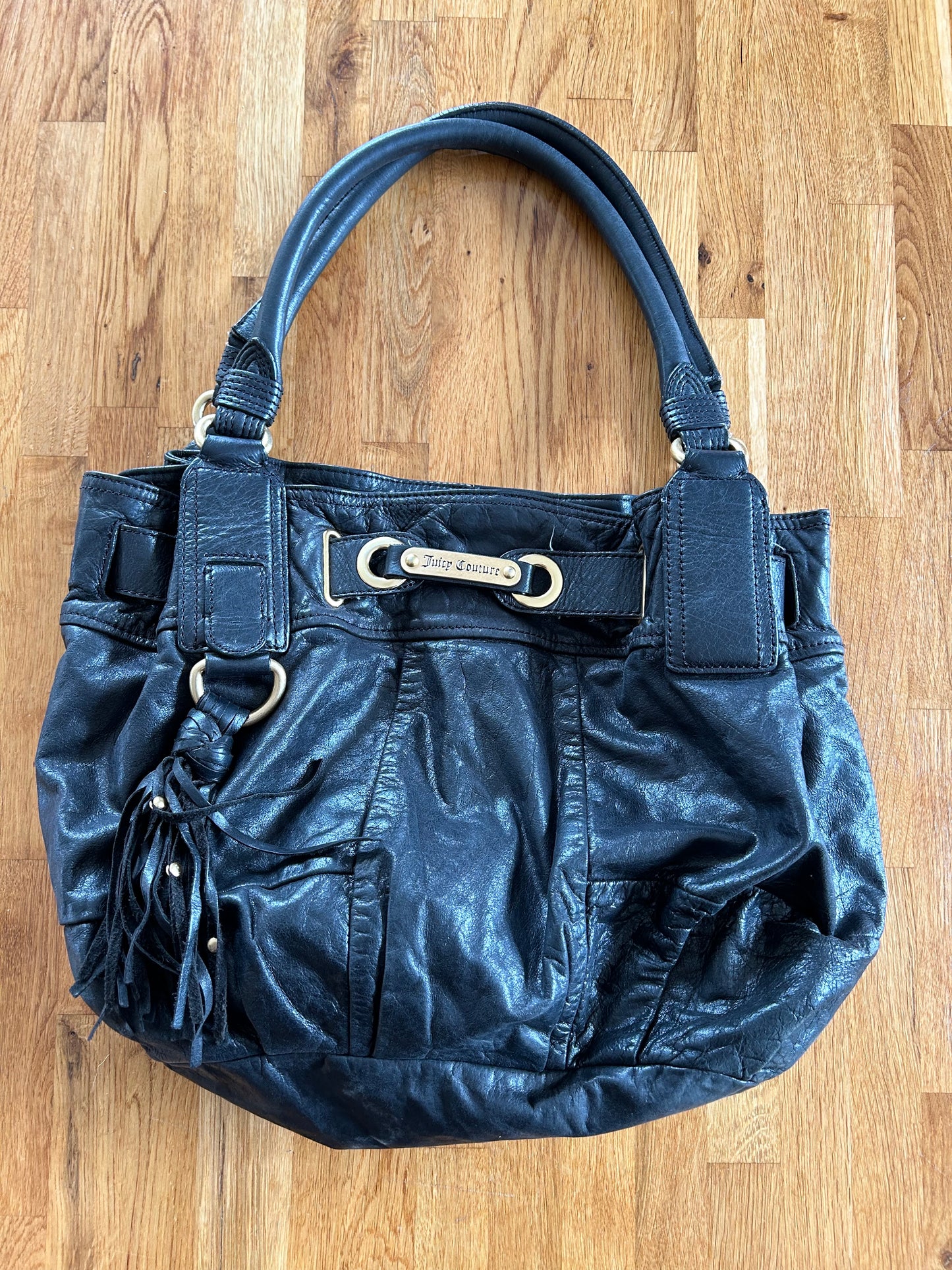 Black leather handbag