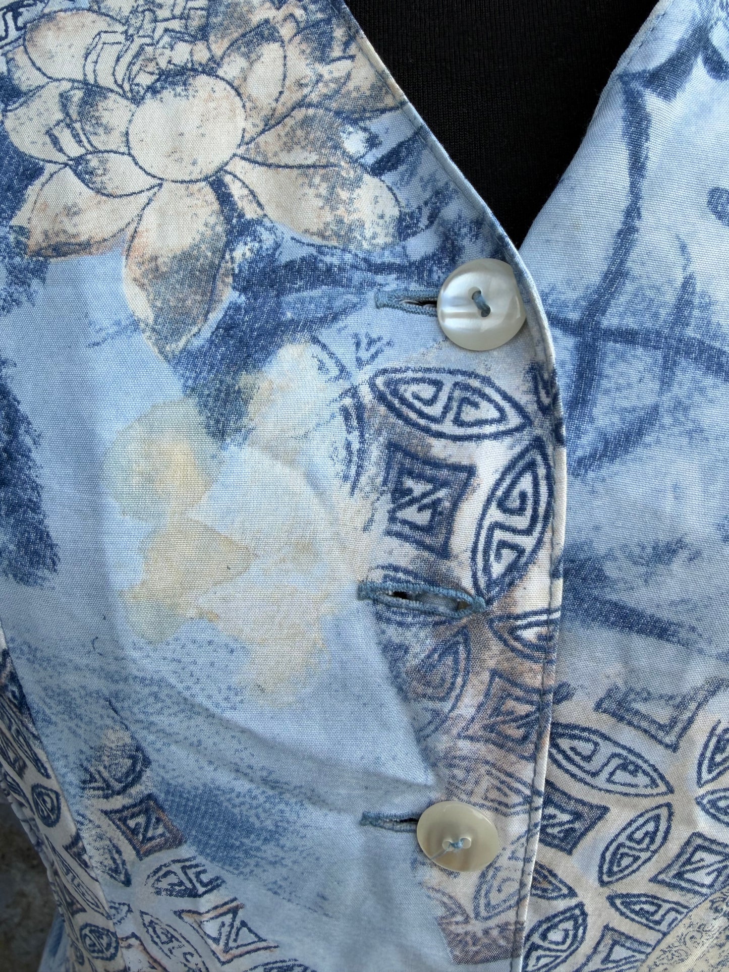 80s blue abstract button up dress uk 8-10