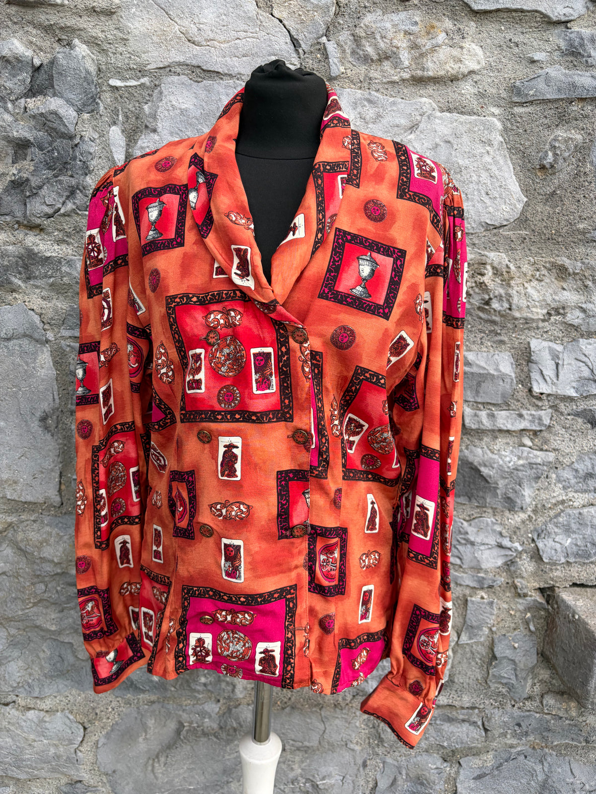 80s orange tarot-style motif blouse uk 12