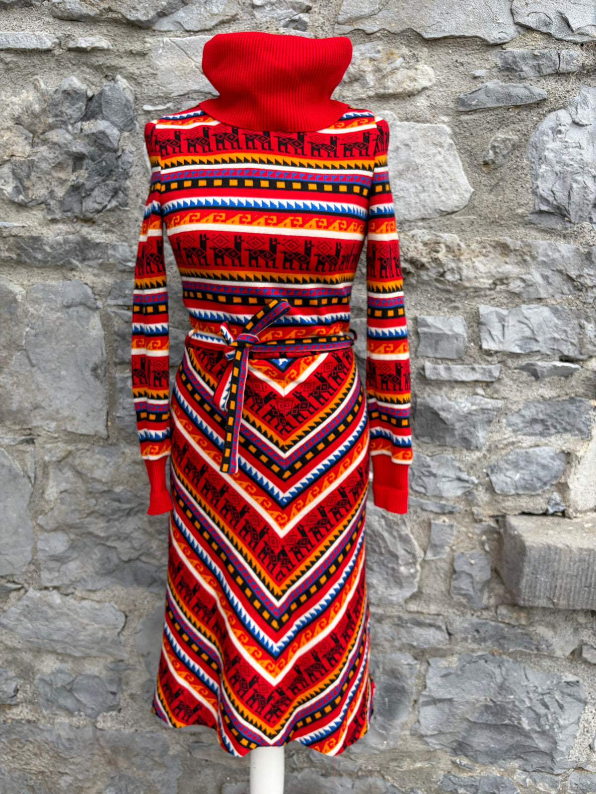 70s red geometric knit sweater dress  uk 6