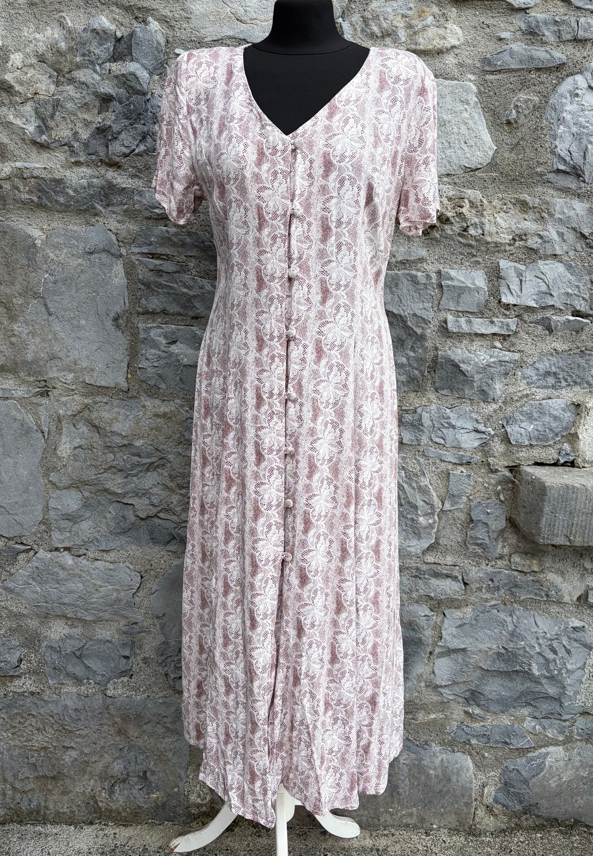 80s white&brown lace print dress uk 12