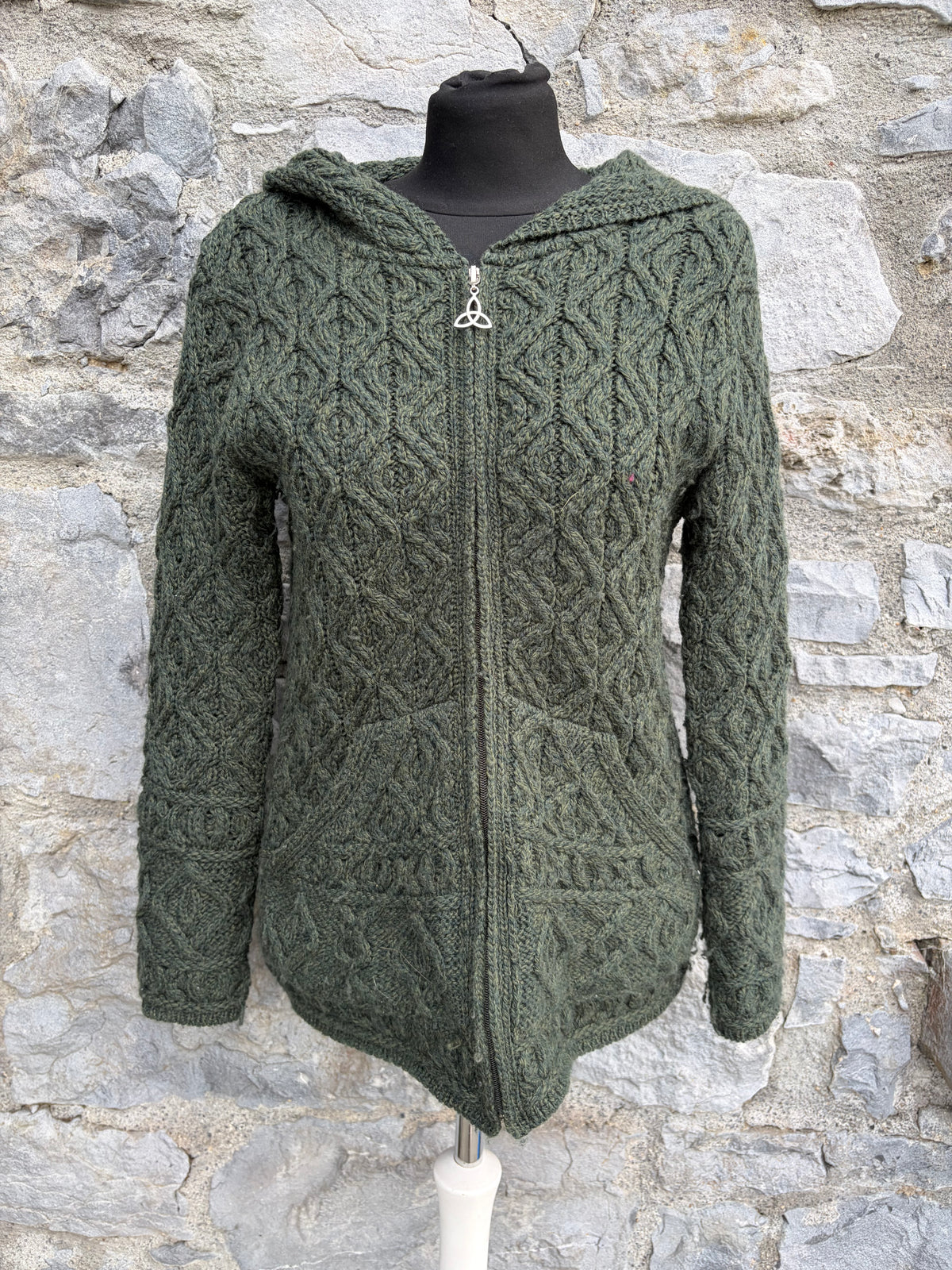 Dark green Aran style hooded cardigan uk 8-10