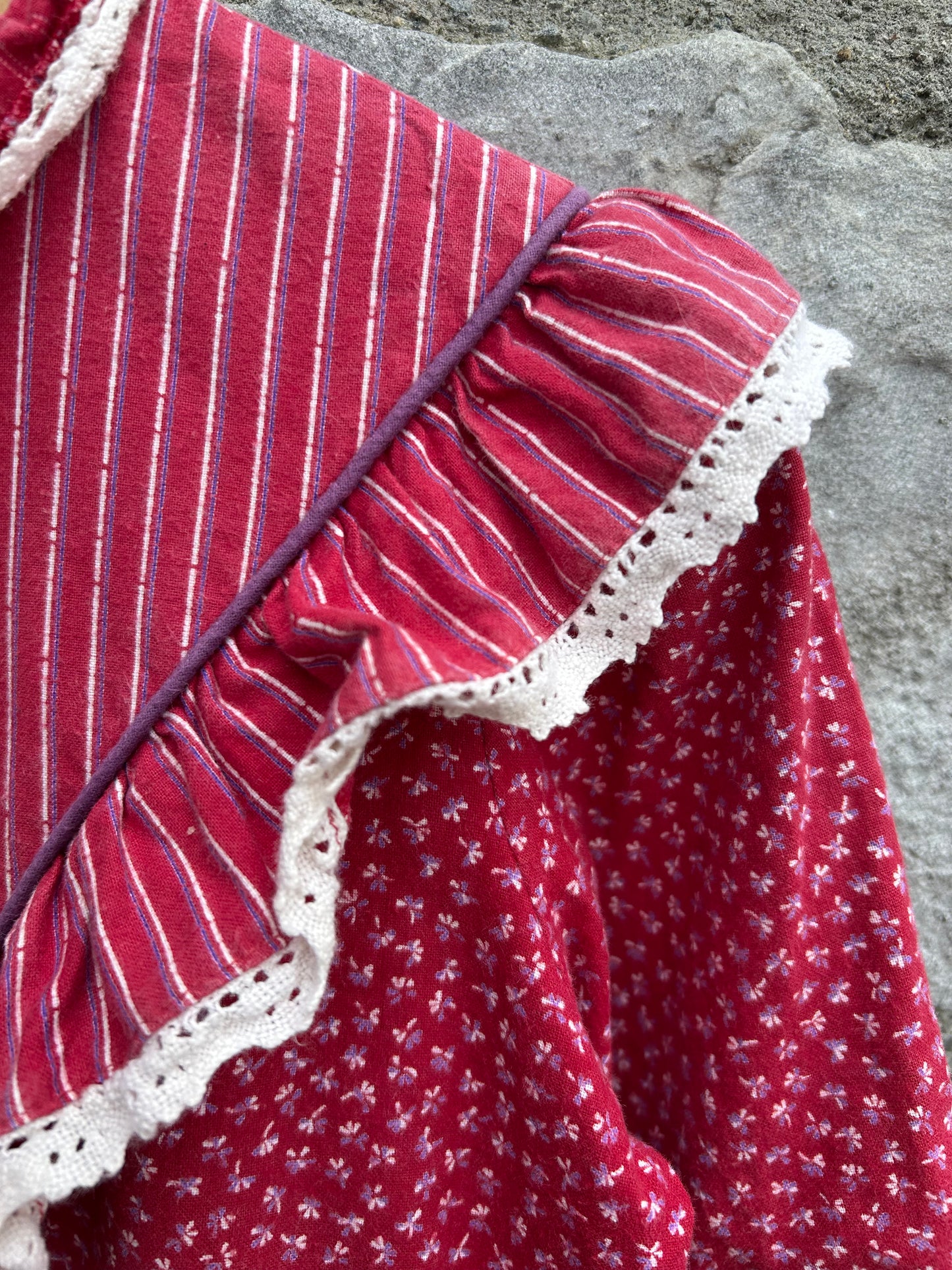 80s red dots&stripes ruffled dress  7-8y (122-128cm)