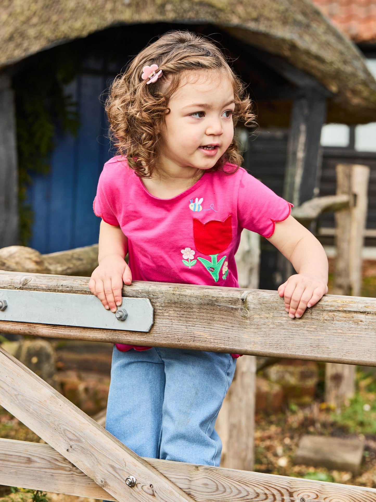 Pink Bee&Flower Scallop Hem Appliqué T-shirt  2-3y (92-98cm)