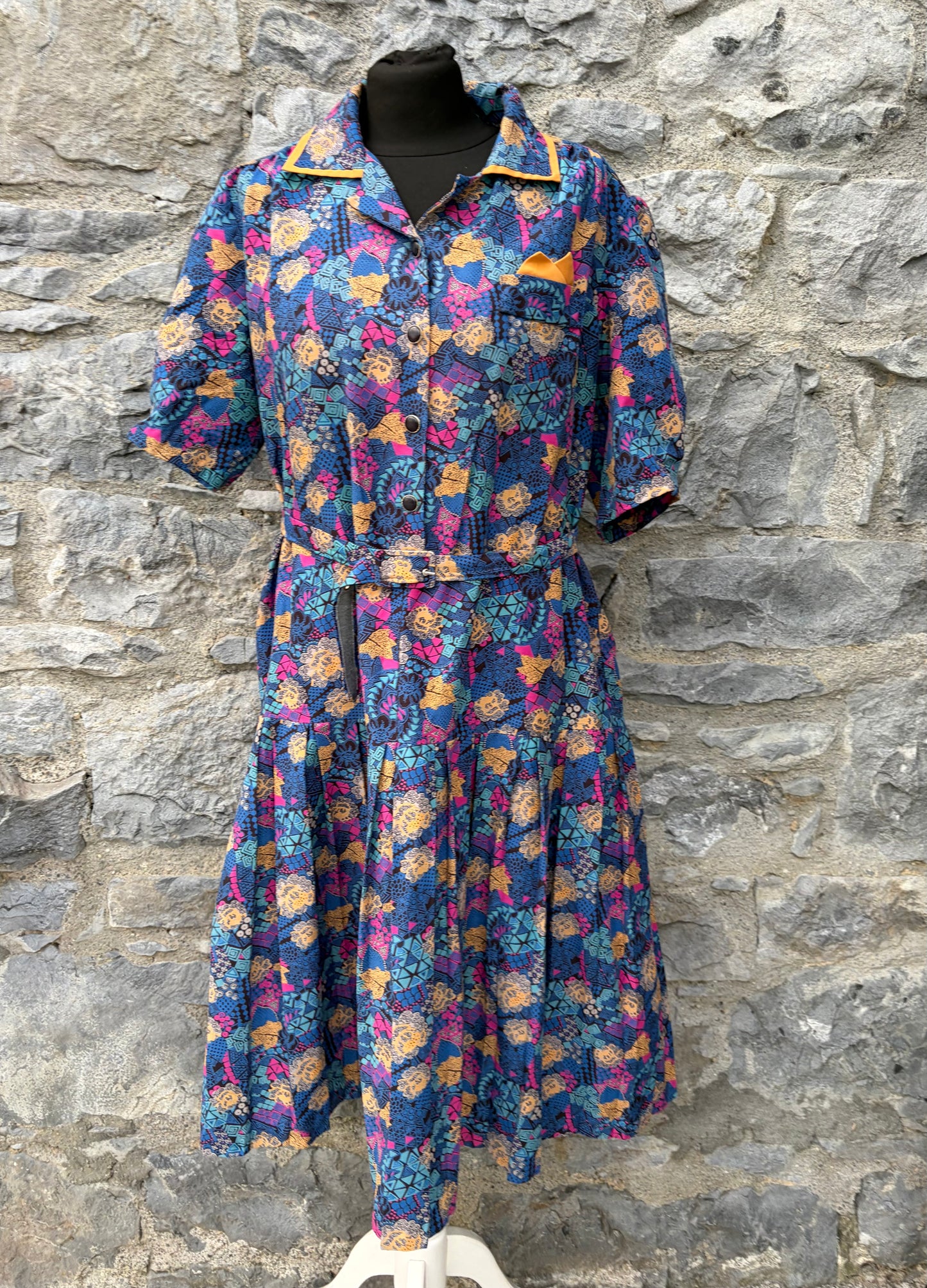 80s blue floral dropped waist dress uk 12