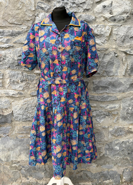 80s blue floral dropped waist dress uk 12