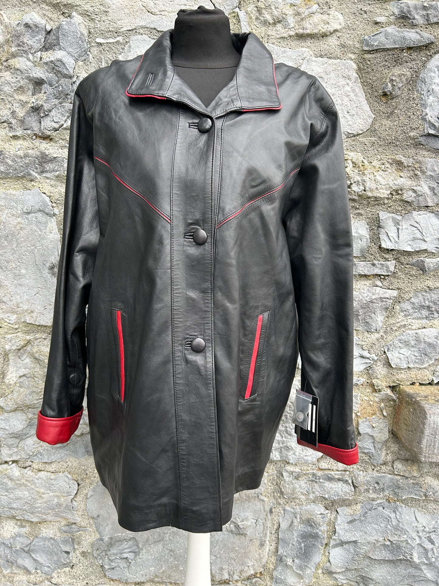 90s Black&red leather coat uk 16