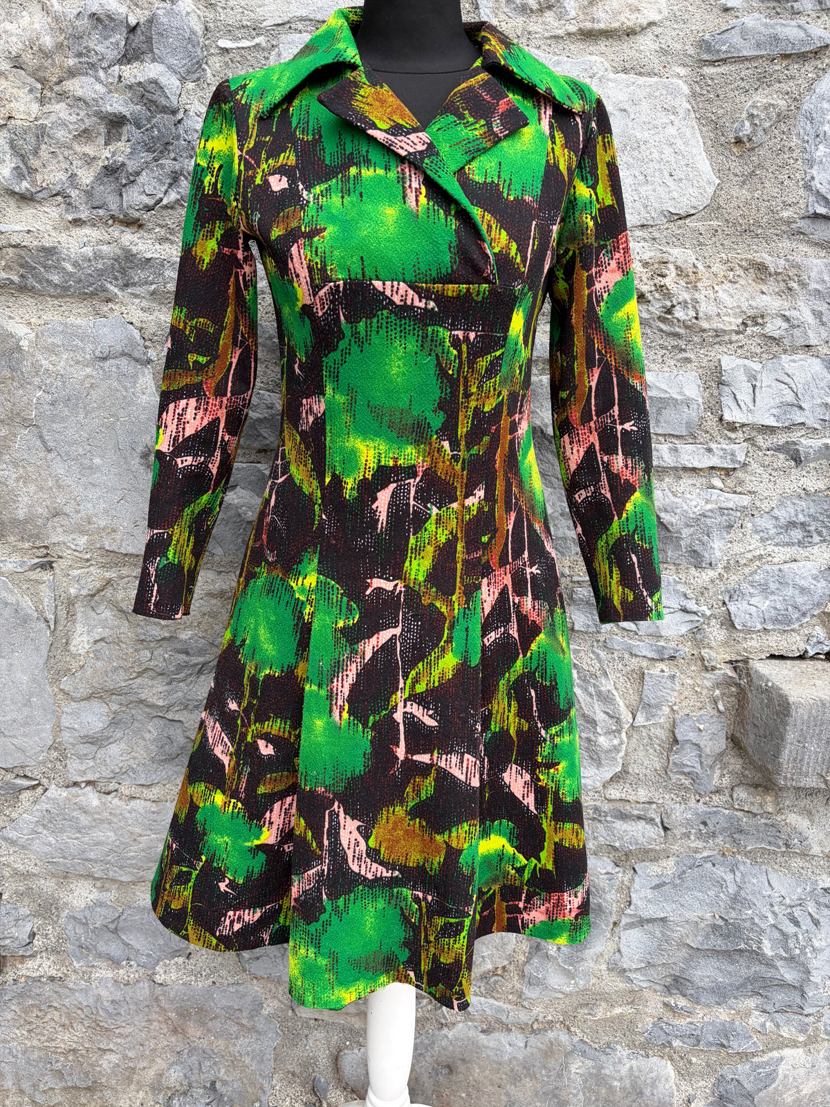 70s abstract green&brown dress uk 8