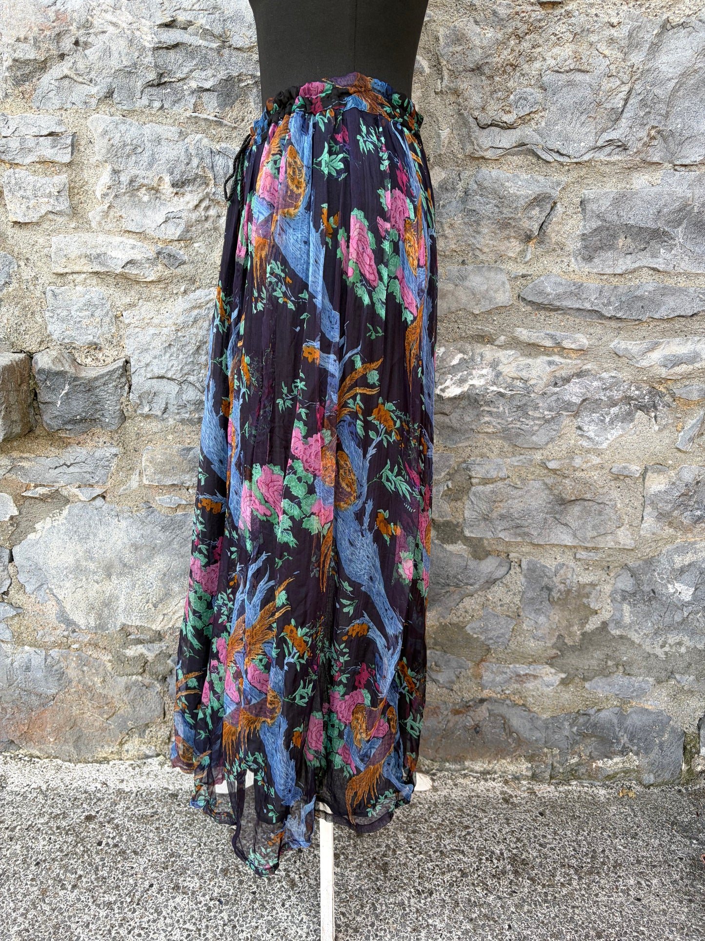 90s multicolor bird&flowers black skirt uk 12-16