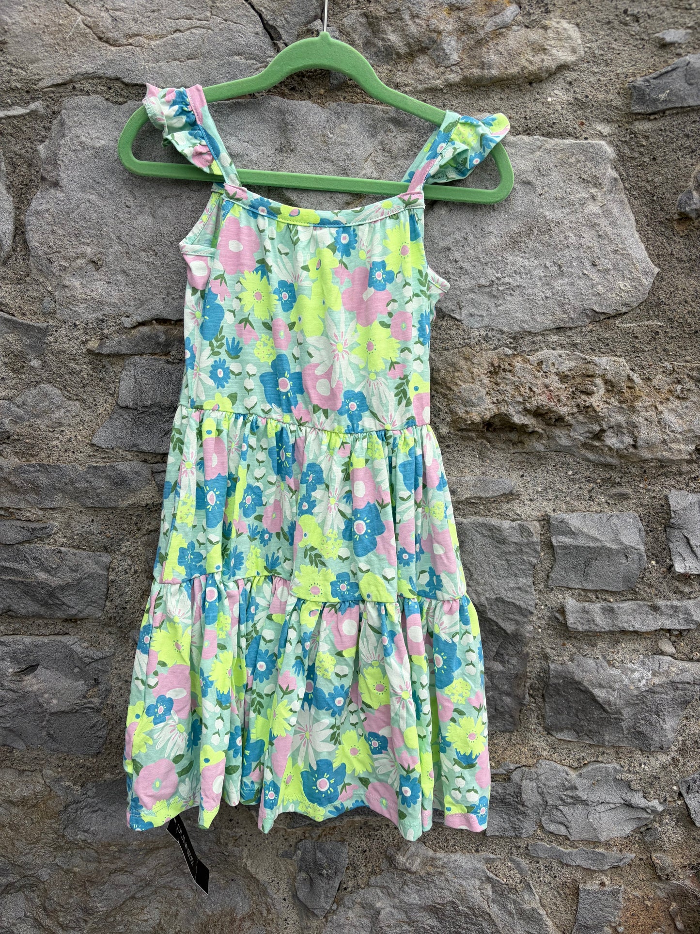 Green&teal flowers tiered dress  3-4y (98-104cm)
