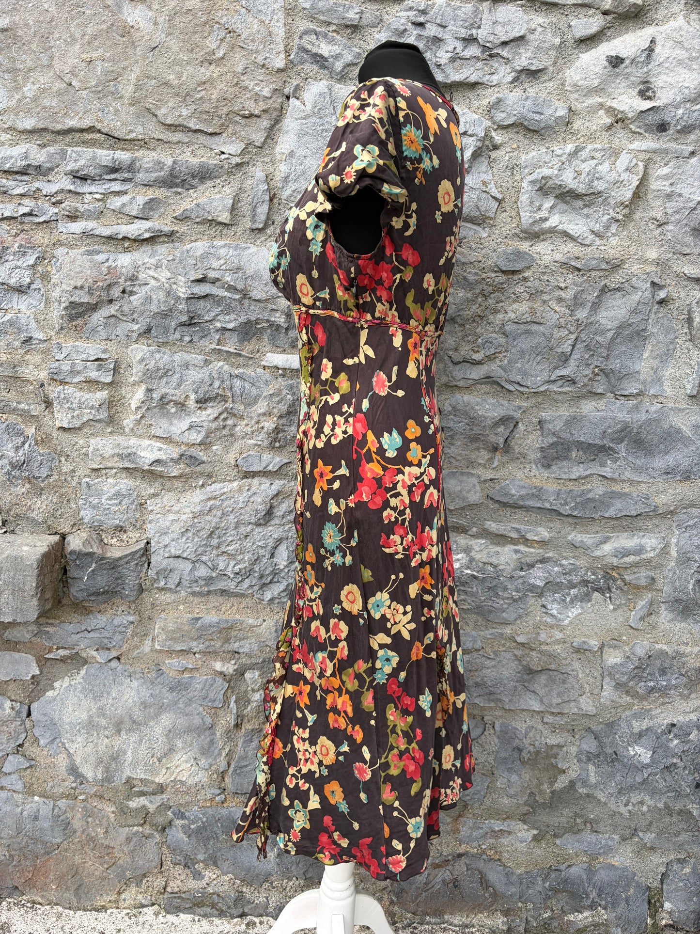 Y2K brown floral silk dress uk 8-10