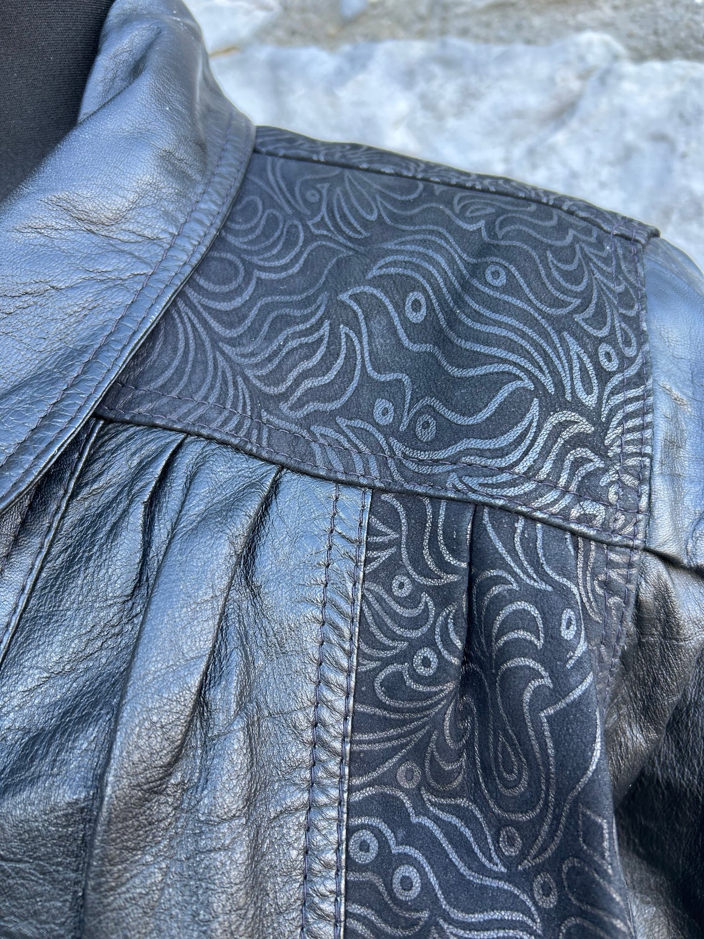 80s black leather long jacket uk 12-14