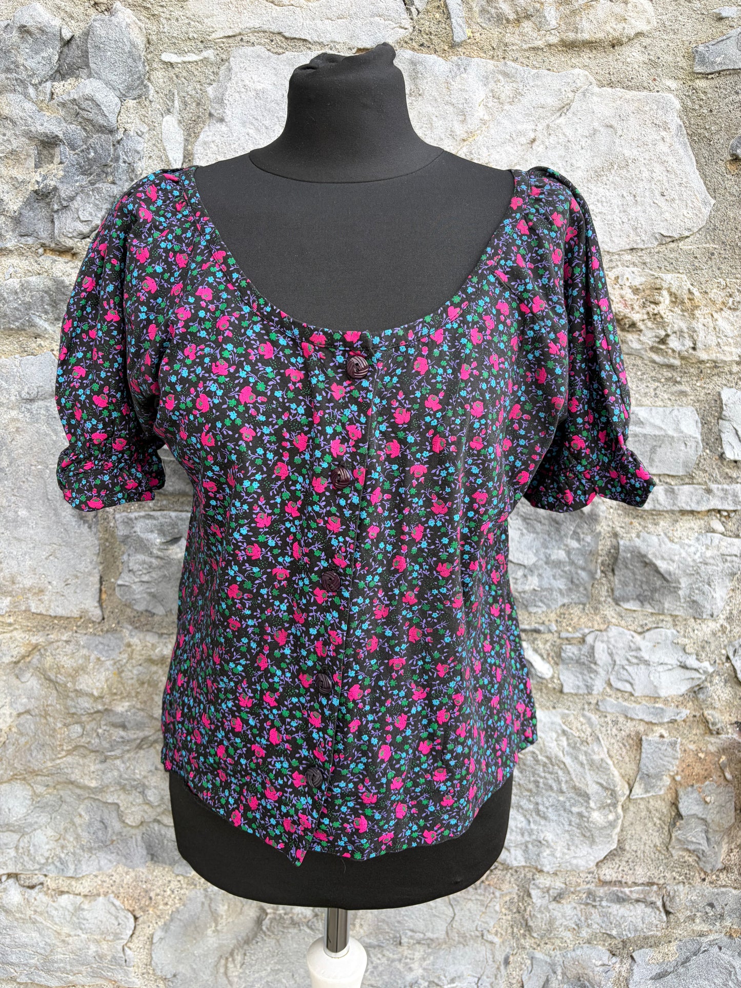 80s pink&teal flowers top uk 12