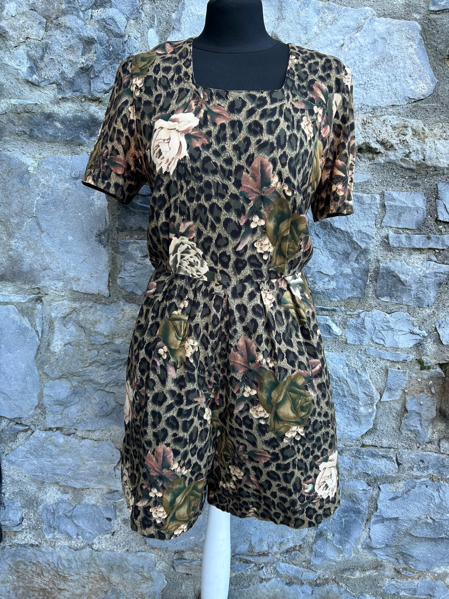 80s khaki Leopard print&flowers jumpsuit uk 8-10