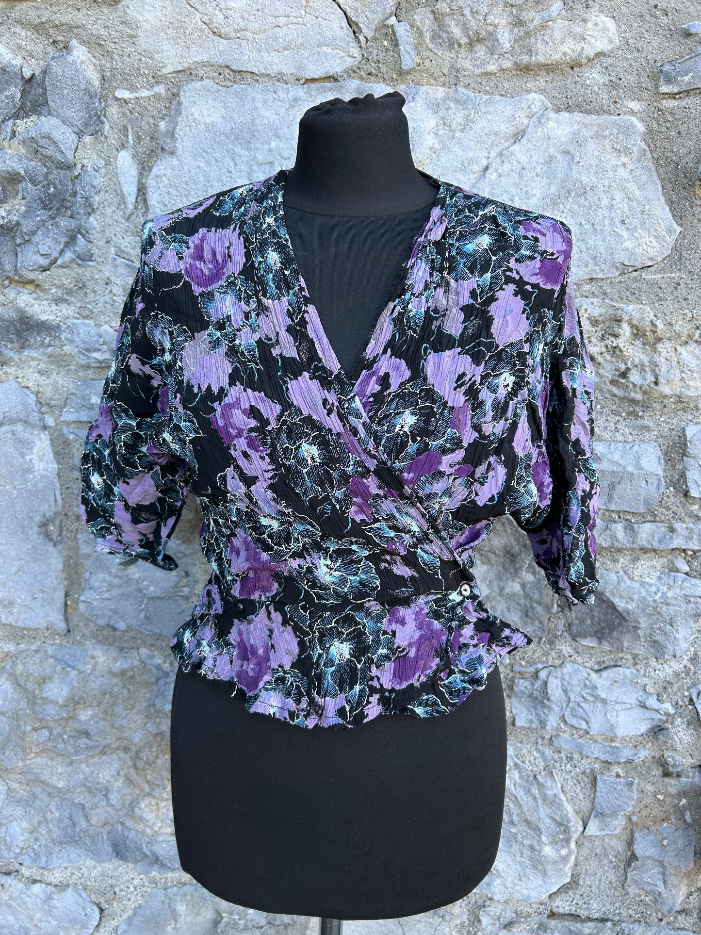 80s purple&black wrap top uk 12