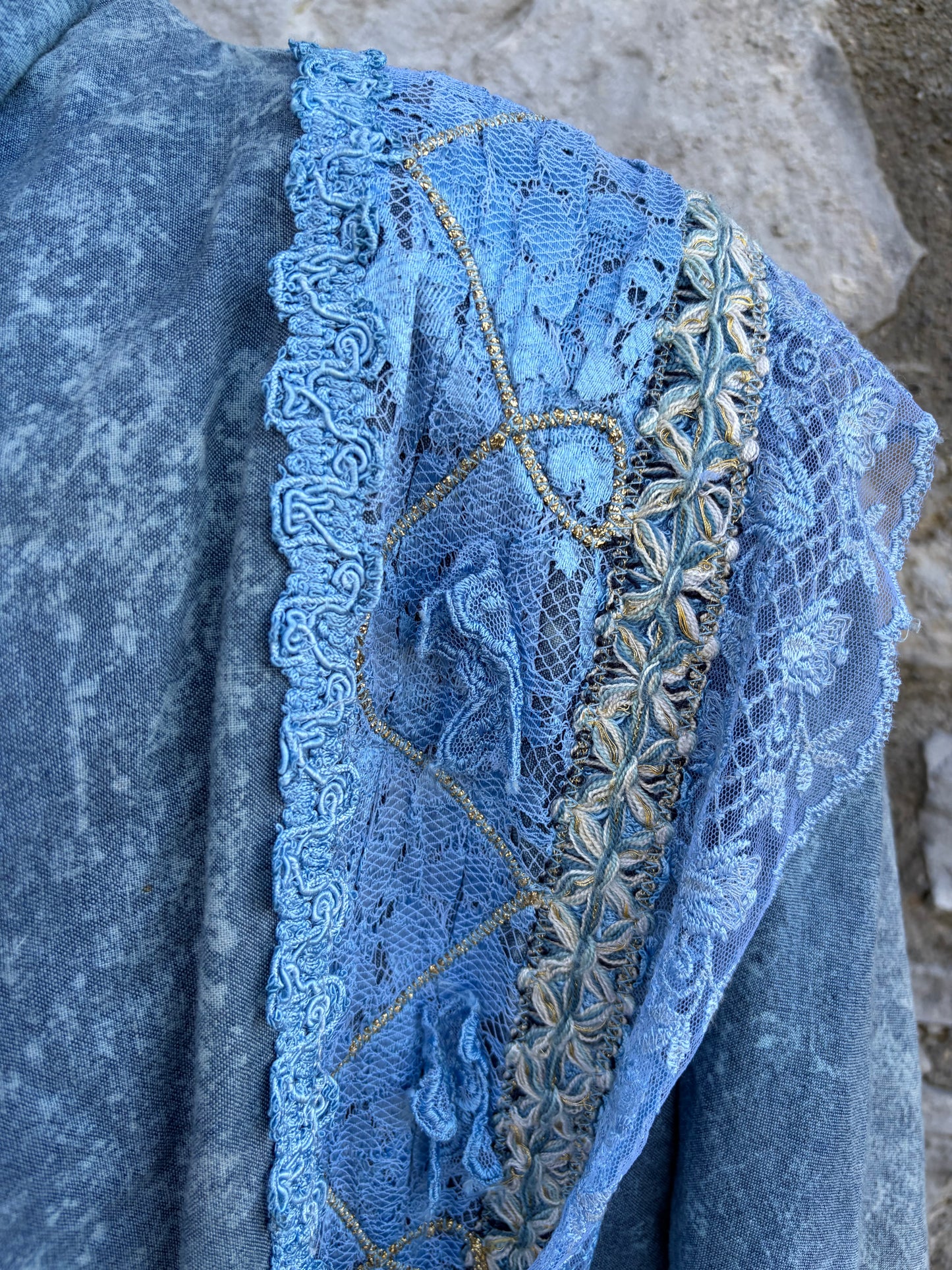 90s blue 3 piece acid wash&lace suit uk 12