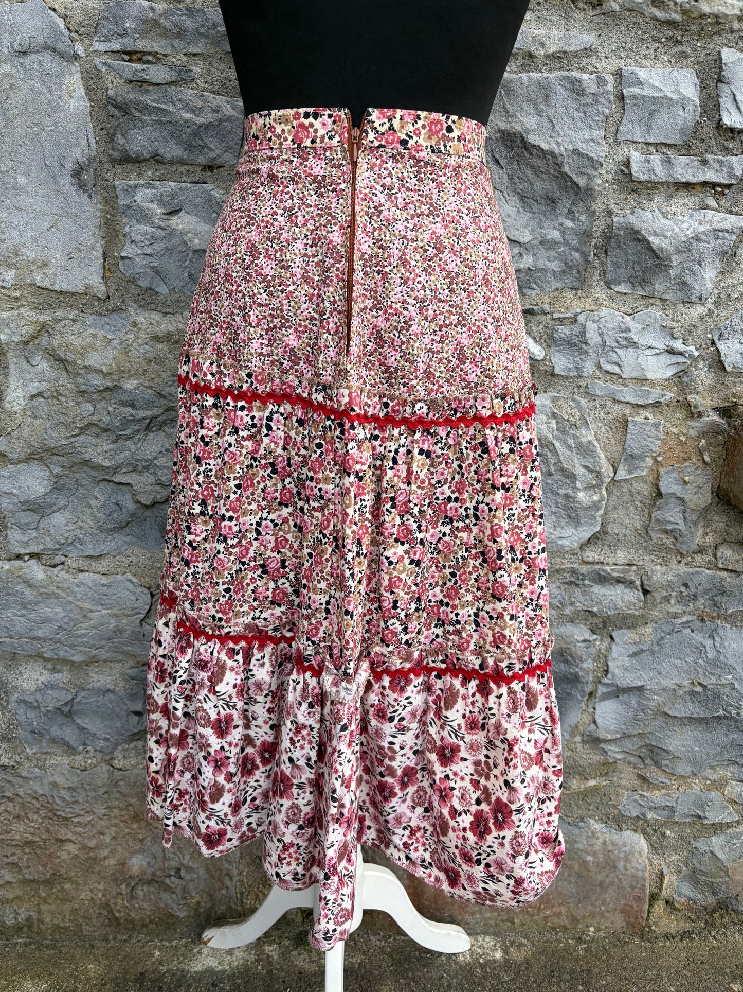 80s maroon flowers tiered skirt uk 6