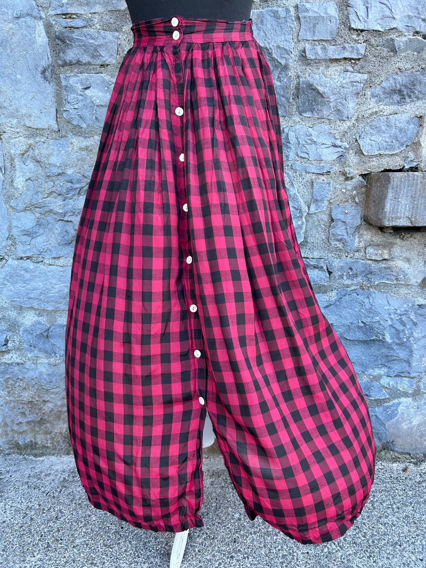 80s red&black check button up skirt uk 6