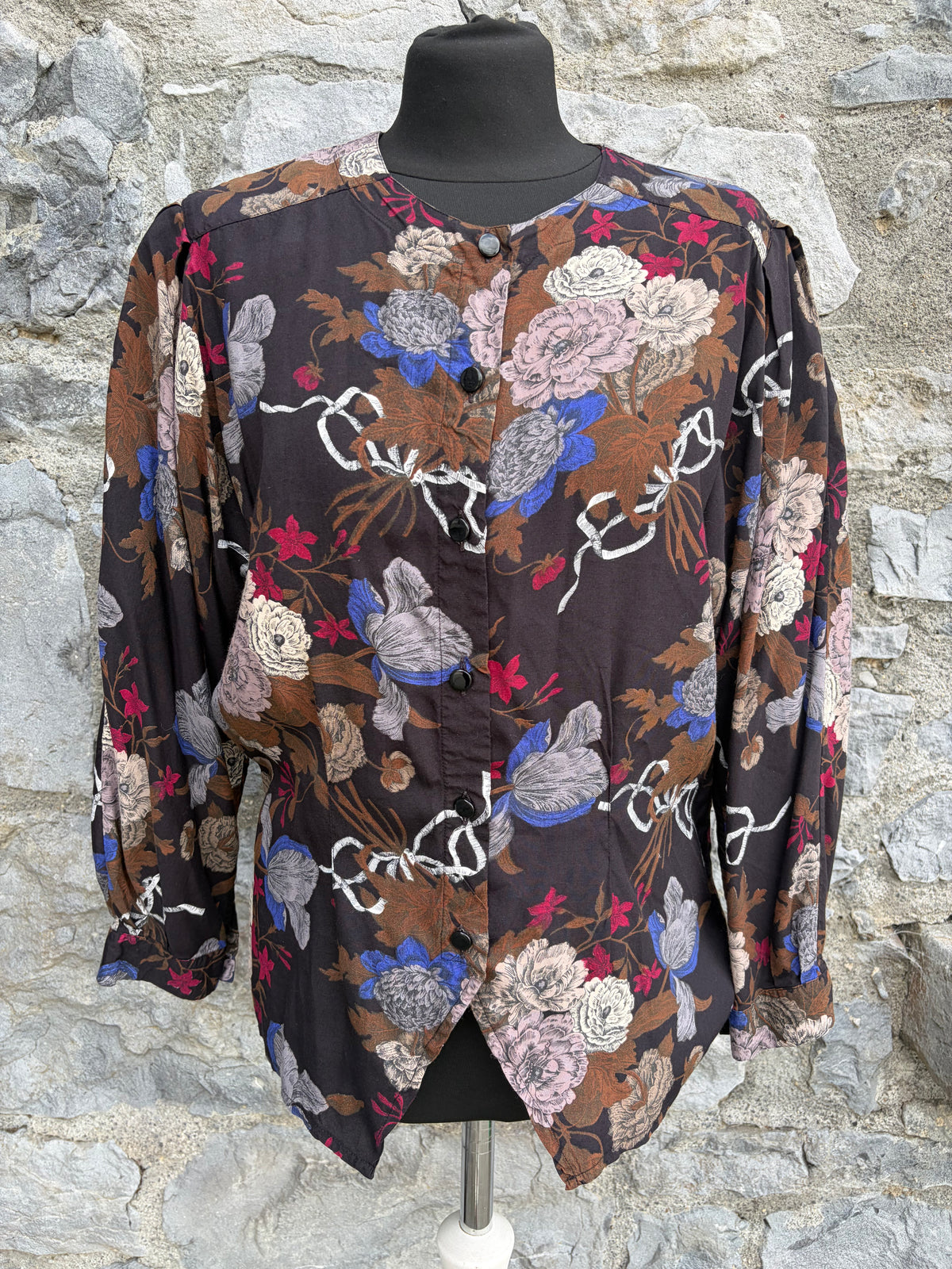 80s brown floral&ribbon print blouse uk 8