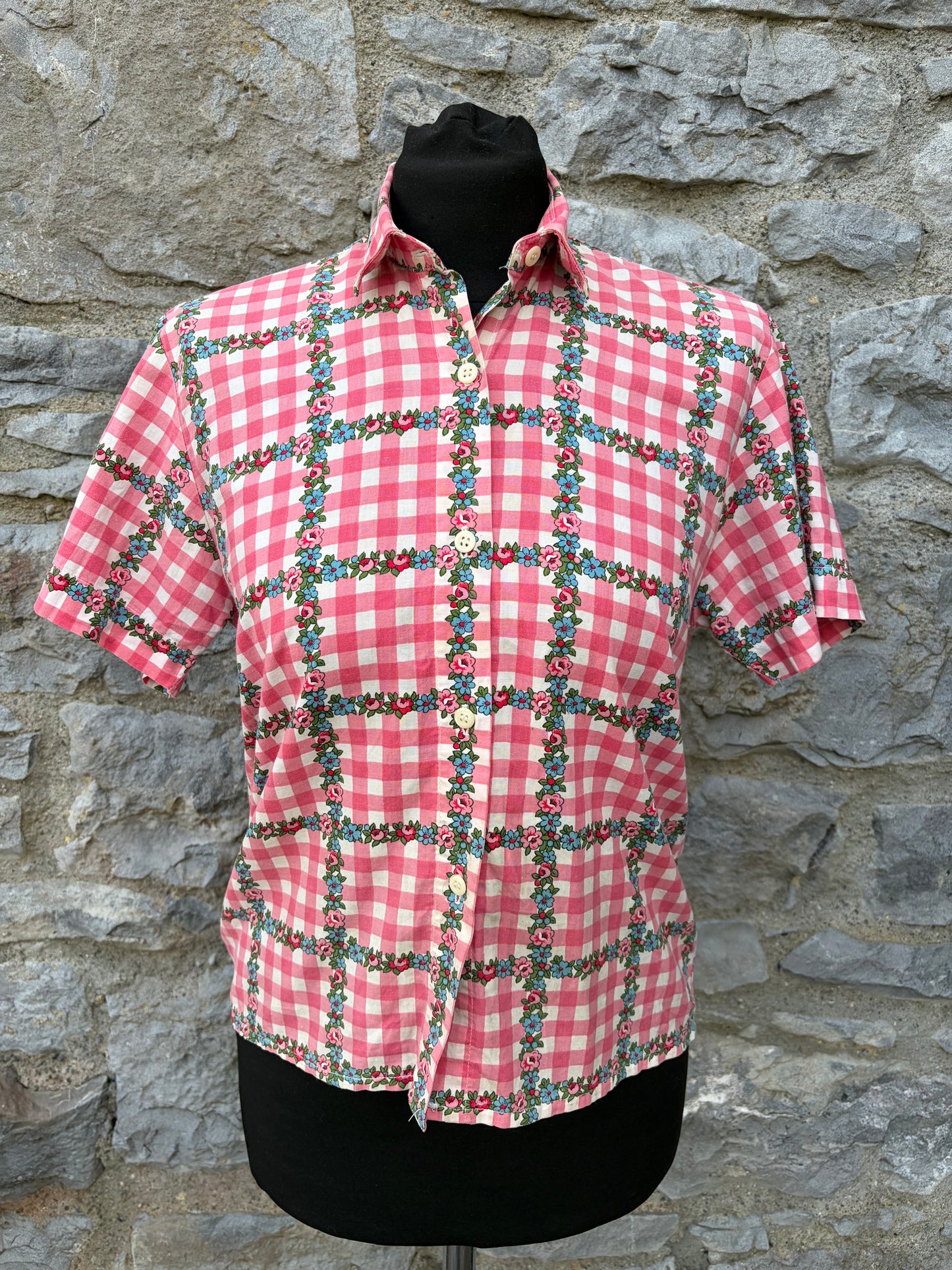 80s pink floral check shirt uk 6-8