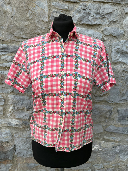 80s pink floral check shirt uk 6-8