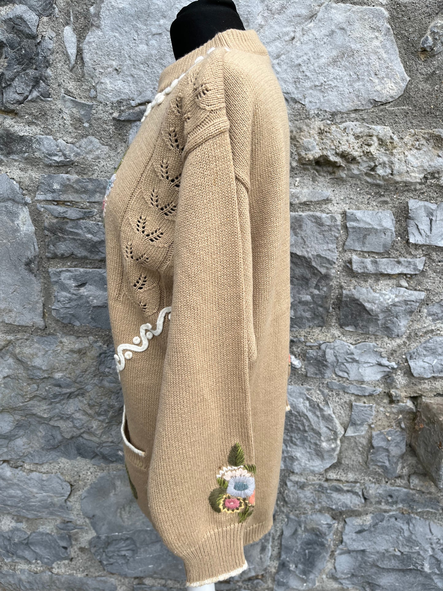 80s beige floral embroidered jumper uk 12-14