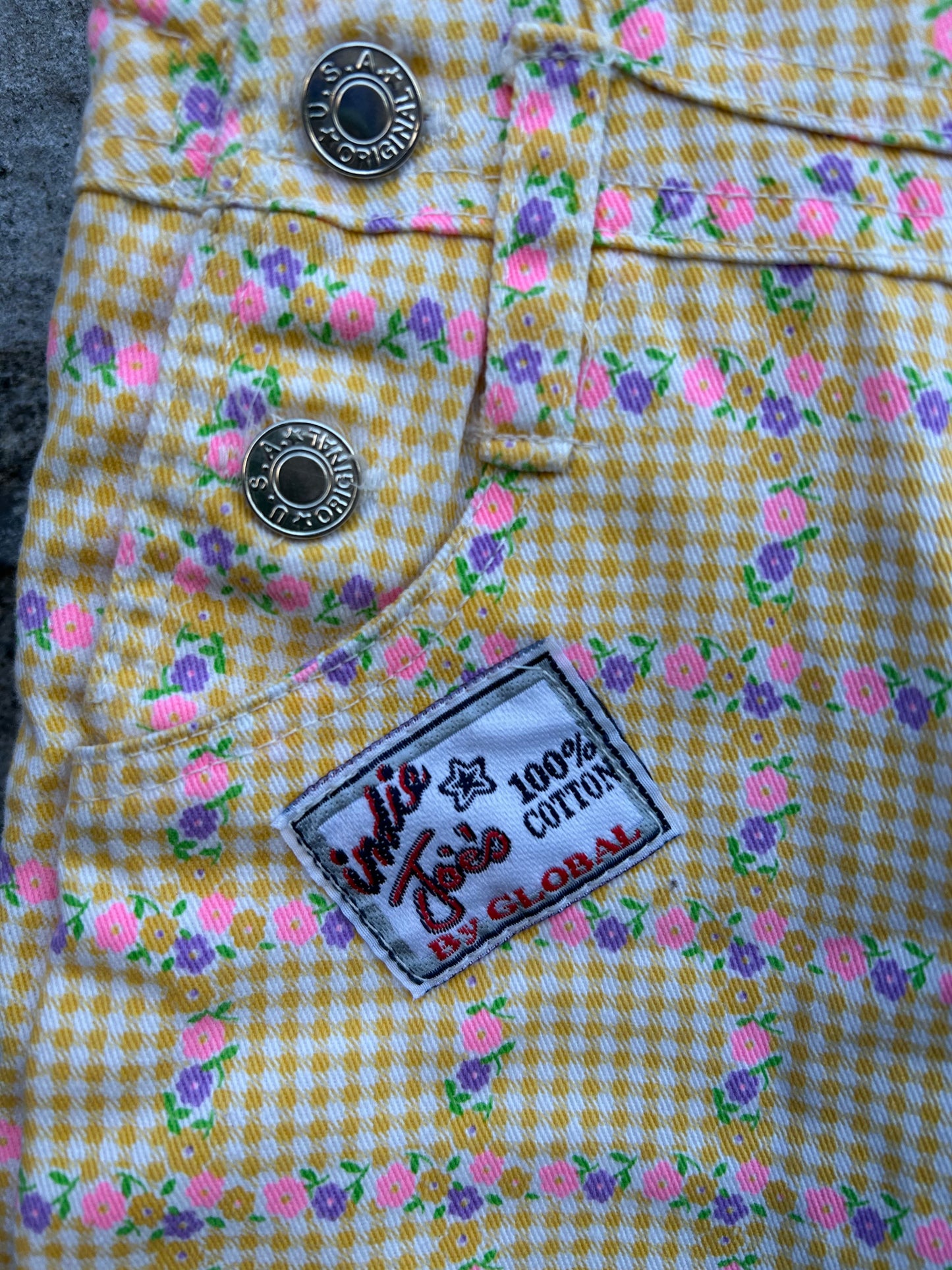 80s yellow check&flowers short dungarees   9-12m (74-80cm)