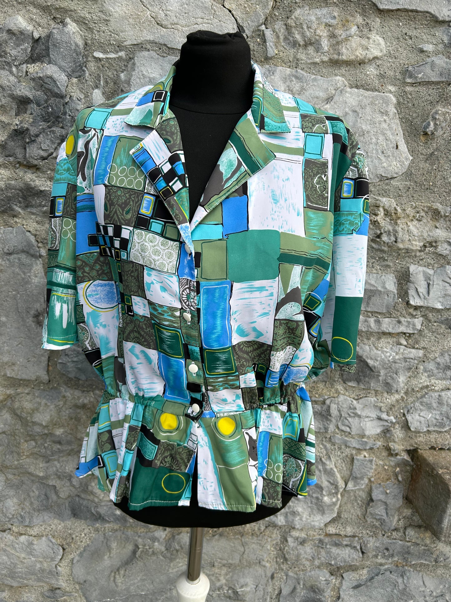 80s green&blue patchwork blouse uk 12-14