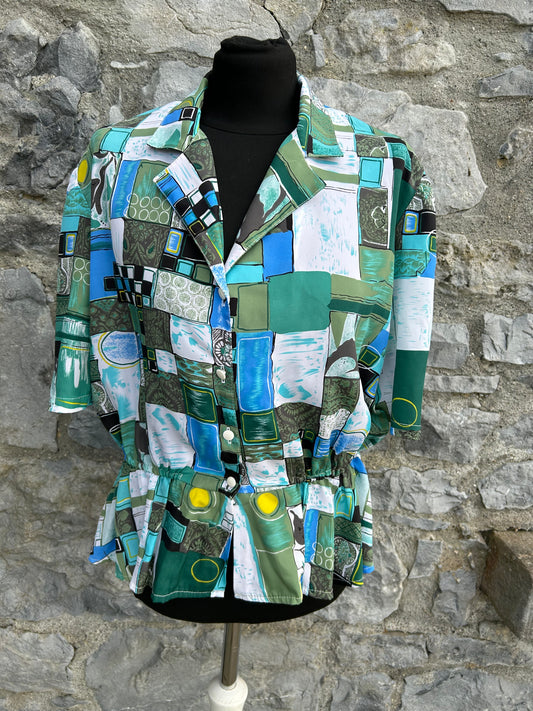 80s green&blue patchwork blouse uk 12-14