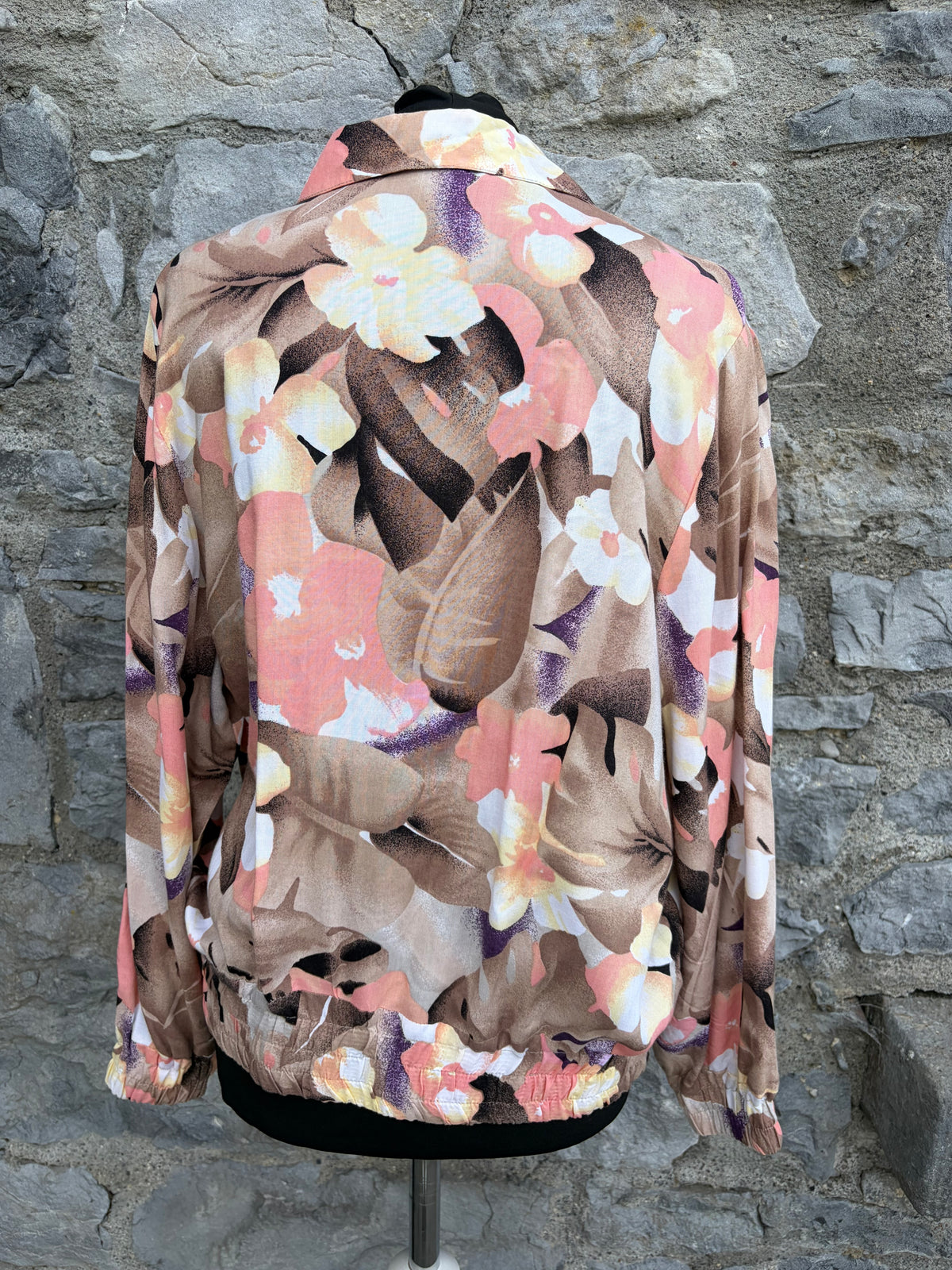 80s pink&brown leaves blouse uk 12