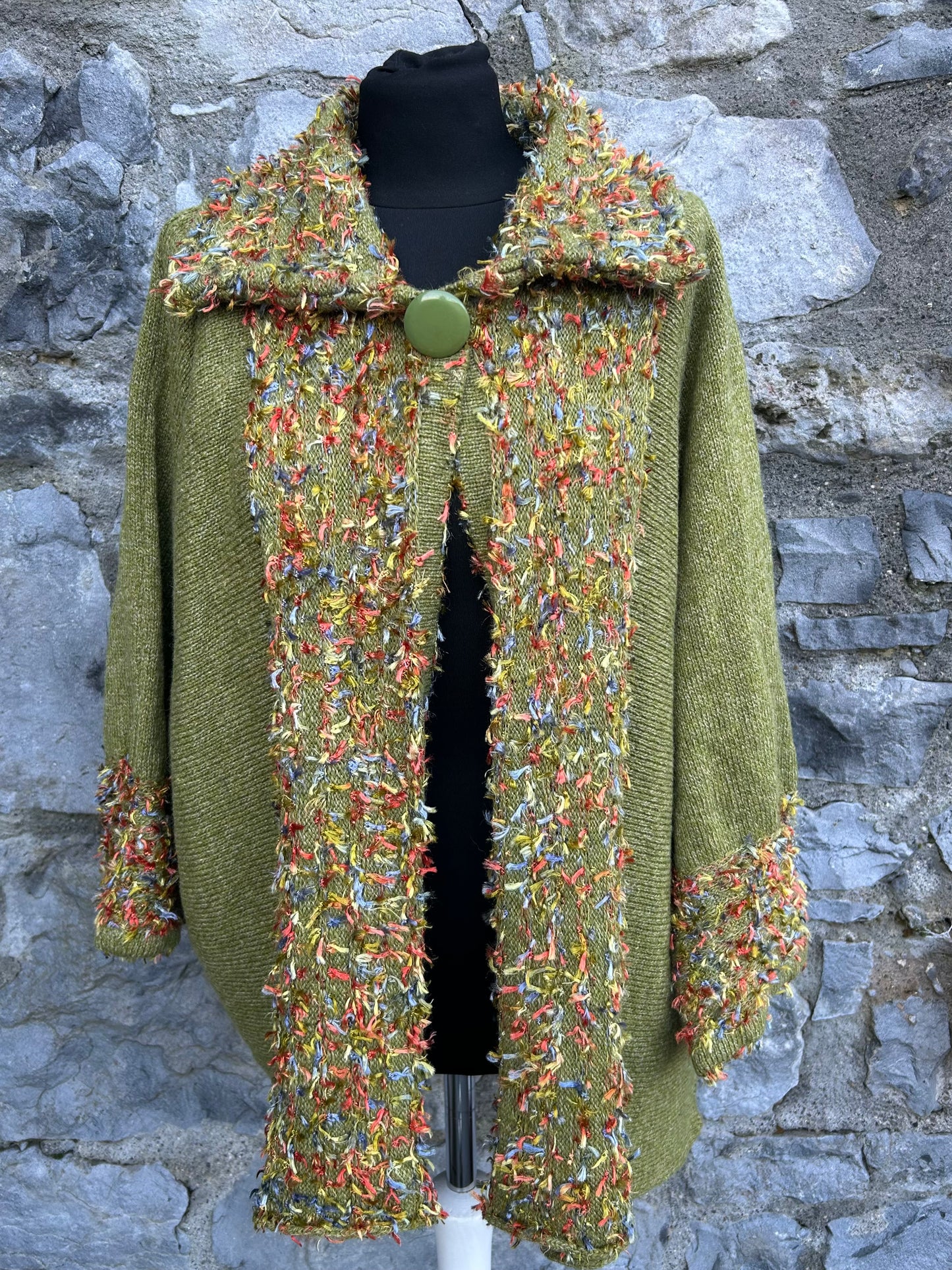 Green cardigan with multicolored textured yarn uk 16-20