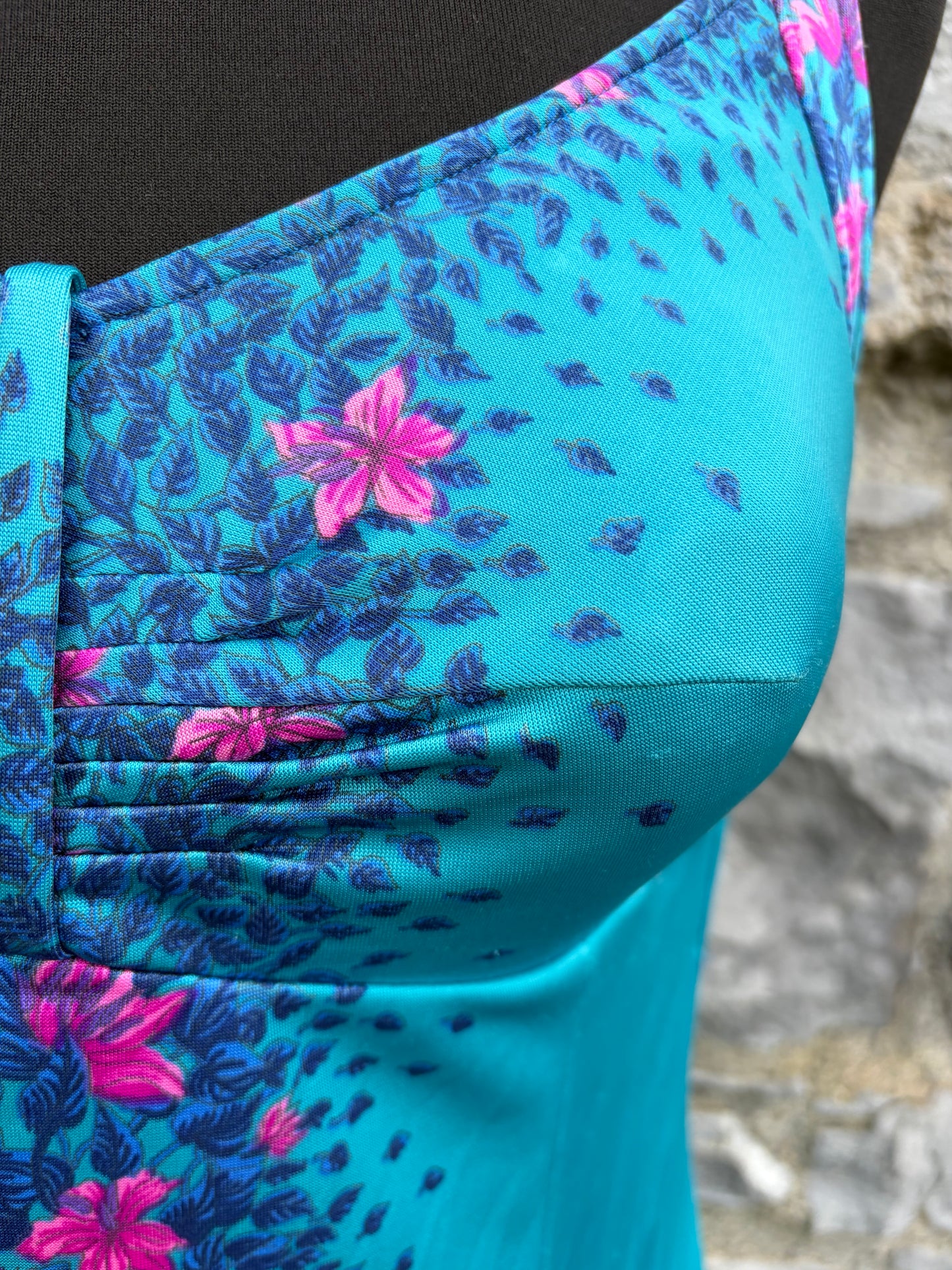 70s turquoise&pink floral dress uk 8-10