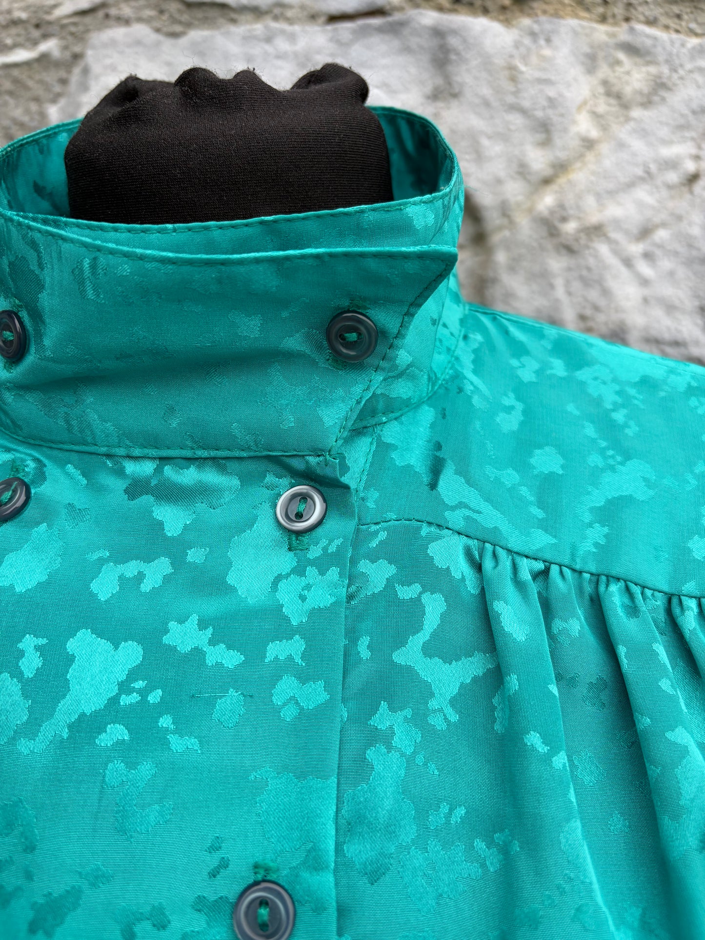 80s high collar green jacquard blouse uk 10-12