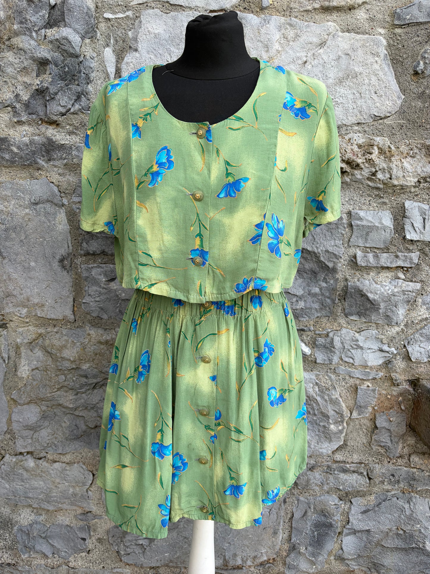 80s blue flowers green blouse&skirt uk 8-10