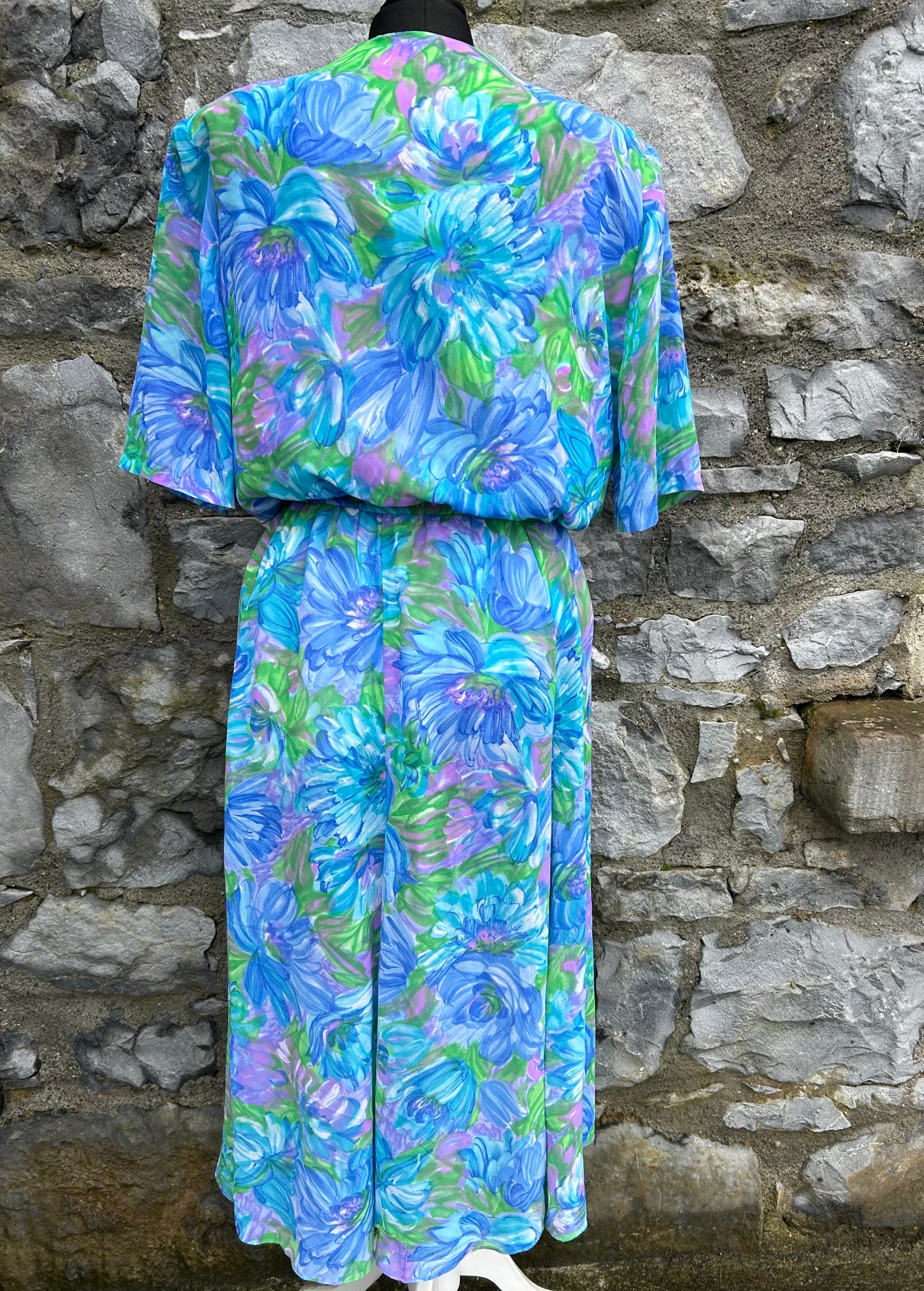 80s blue floral dress with lace collar uk 12