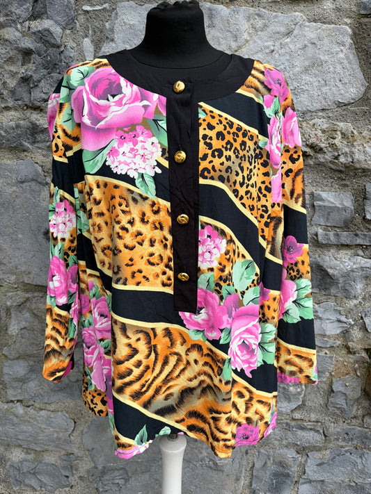 80s pink flowers&leopard print blouse uk 14-16