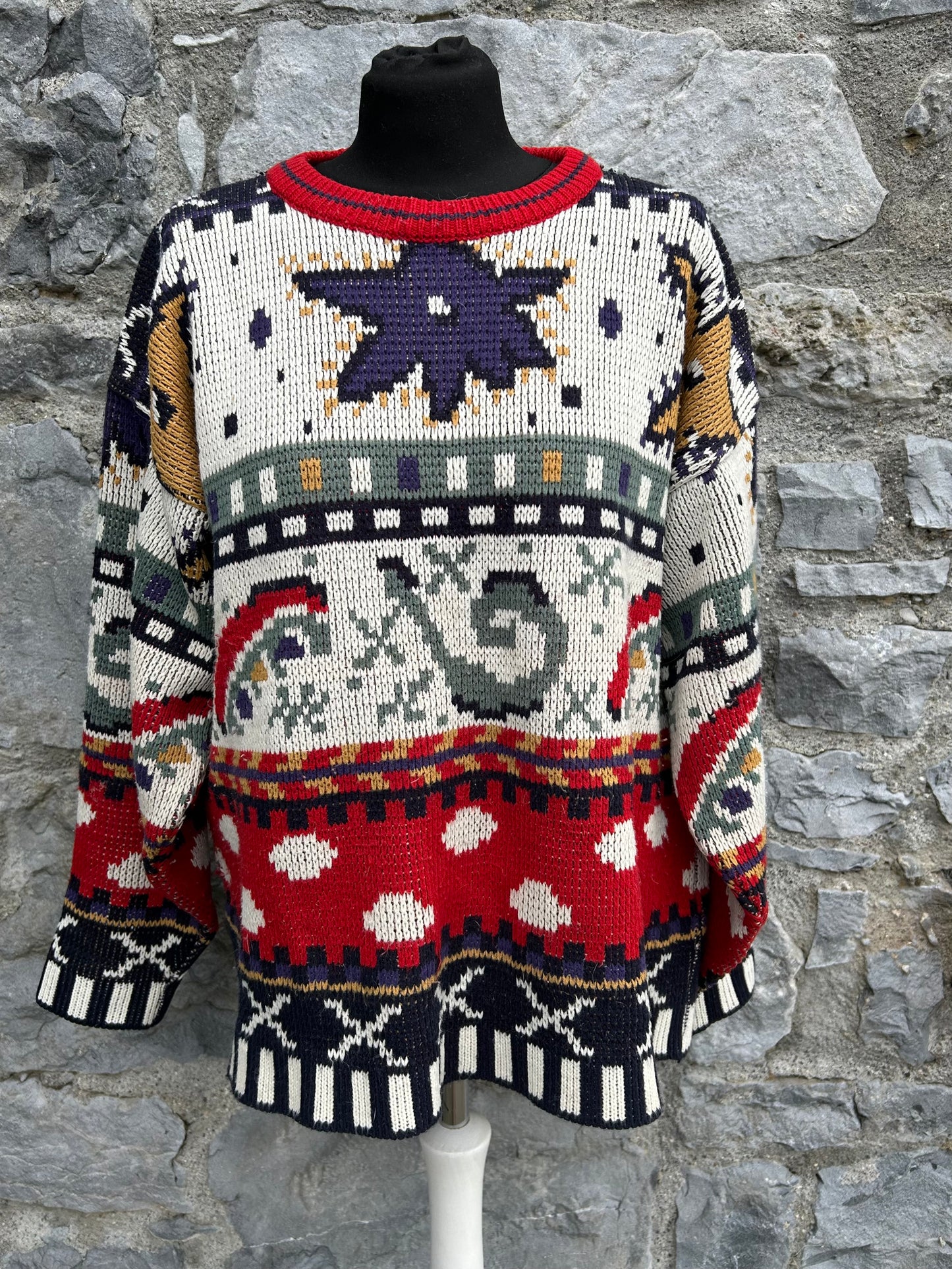 80s beige&red panel jumper uk 14