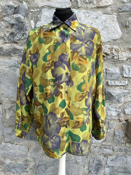 80s Green floral silk blouse uk 12-14