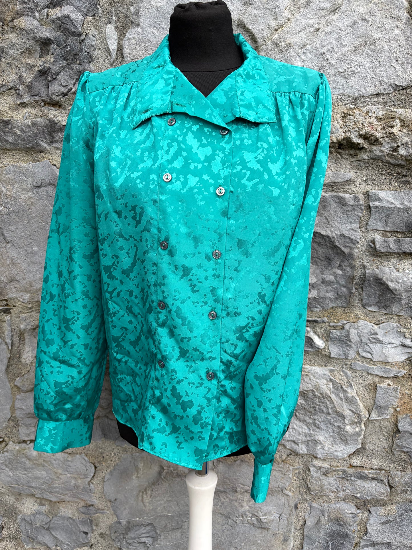 80s high collar green jacquard blouse uk 10-12