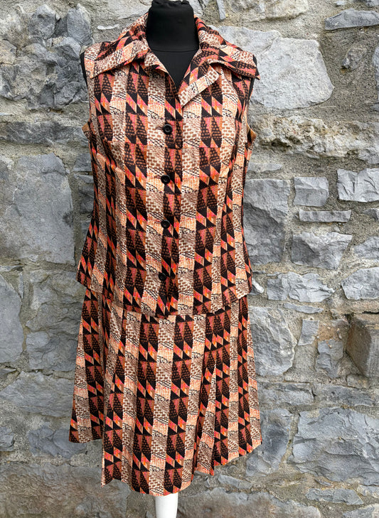 80s Brown&beige top&skirt uk 8-10