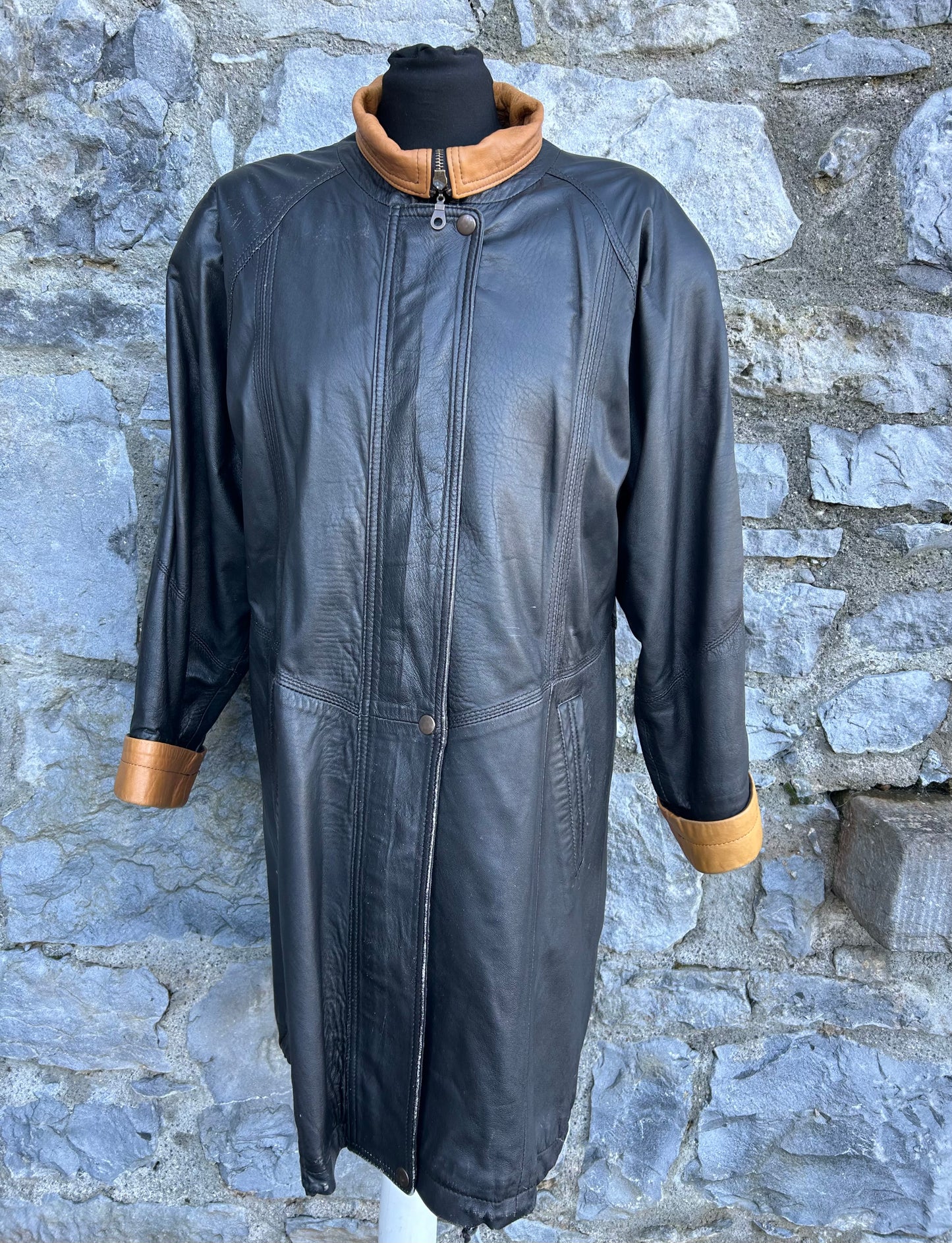 90s long black leather jacket uk 12