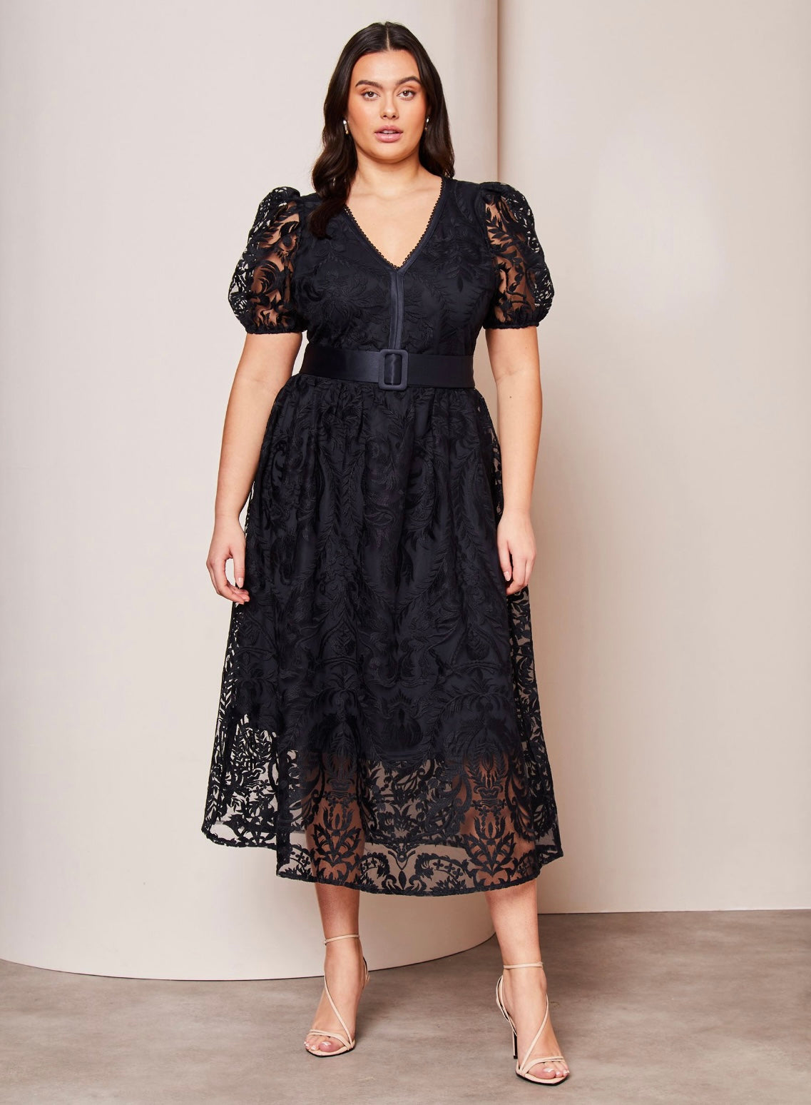 Navy lace embroidered puff sleeve dress uk 18