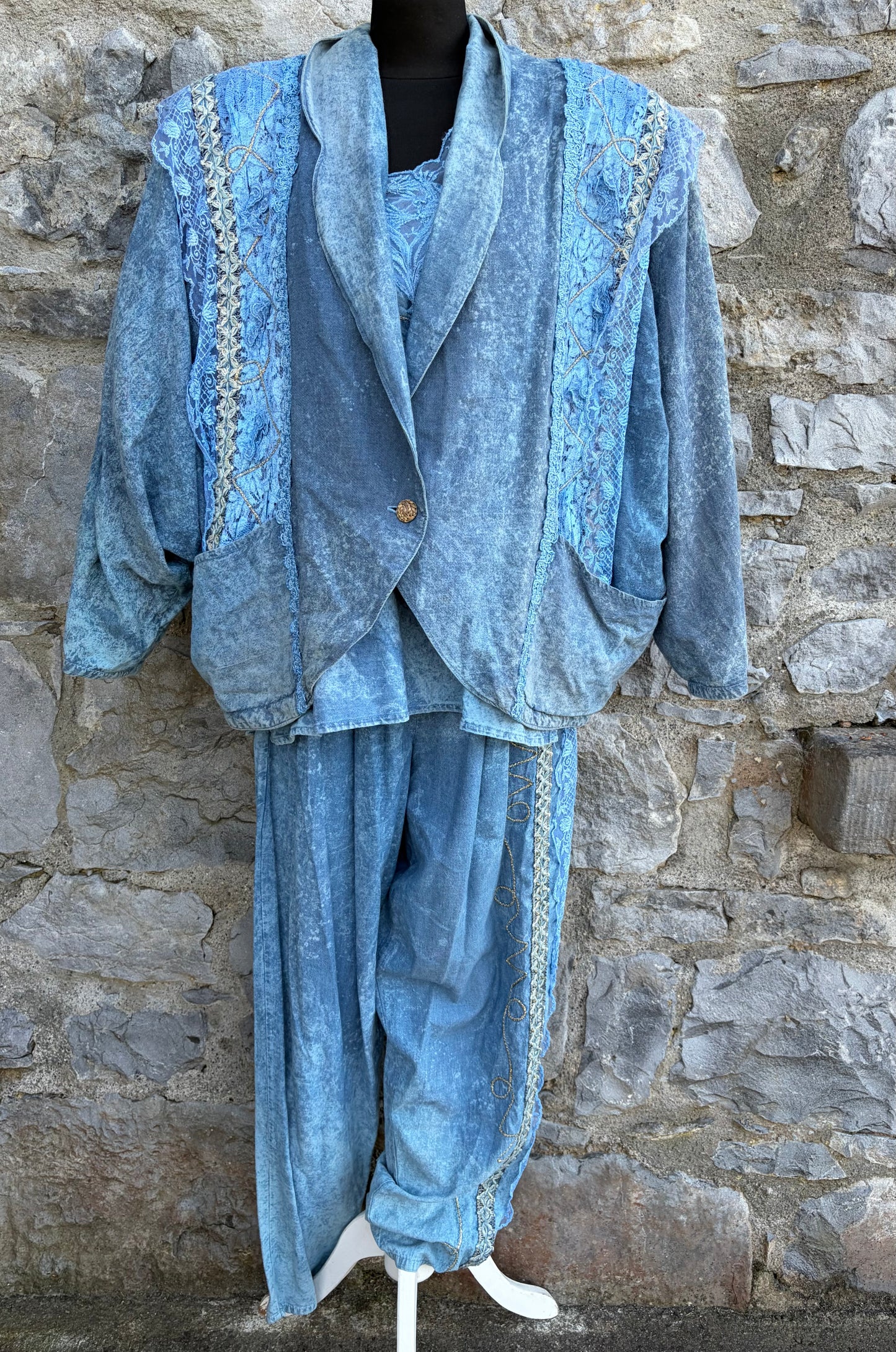 90s blue 3 piece acid wash&lace suit uk 12